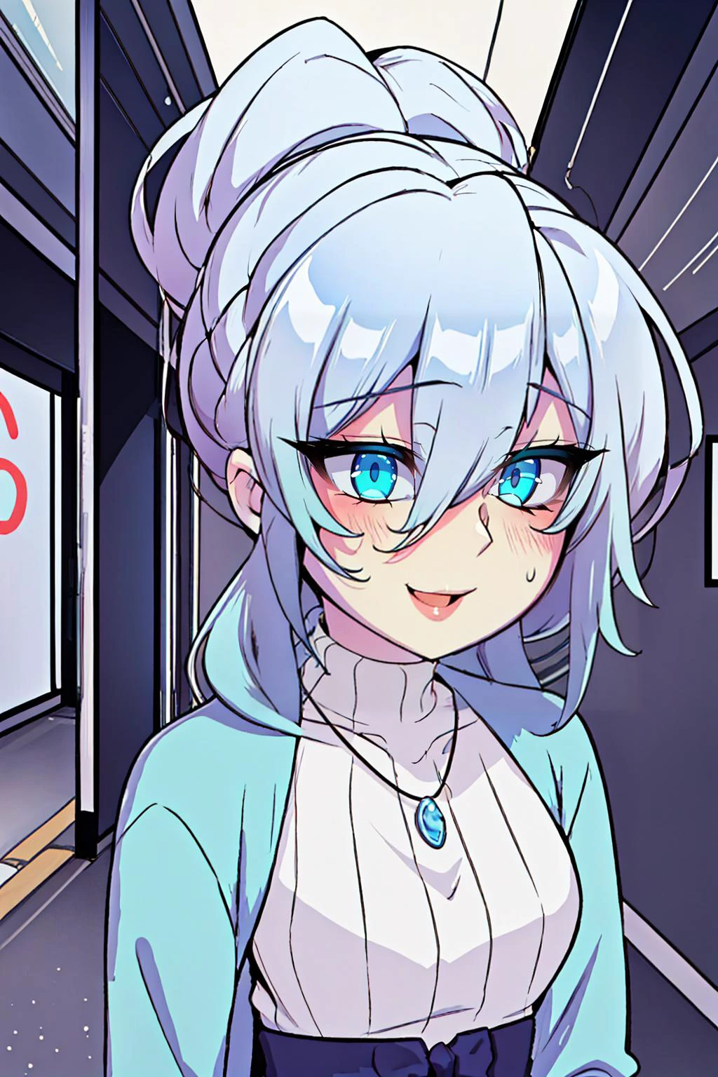 portrait of a pretty woman walking through the city, necklace, ((toon \(style\))), flat color, light smile,
masterpiece, best quality, HDR, intricate detail,
<lora:Yukino_Hitozukiai-KK77-V2:1>