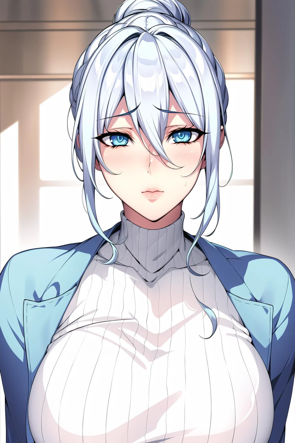 Simple White Background,
dynamic pose,standing,
White_ribbed_sweater,Blue_skirt,Blue_jacket,
pantyhose,skirt,
<lora:Yukino_punopupupu-V1:0.6>,
blue_eyes,silver_hair,hair_between_eyes,hair_bun,
<lora:Oda_Non_Style-KK77-V2:0.4>,<lora:more_details:0.2>,
1 girl, 20yo,Young female,Beautiful long legs,Beautiful body,
Beautiful Nose,Beautiful character design, perfect eyes, perfect face,expressive eyes,perfect balance,
looking at viewer,(Focus on her face),closed mouth, (innocent_big_eyes:1.0),(Light_Smile:0.3),
official art,extremely detailed CG unity 8k wallpaper, perfect lighting,Colorful, Bright_Front_face_Lighting,White skin,
(masterpiece:1.0),(best_quality:1.0), ultra high res,4K,ultra-detailed,
photography, 8K, HDR, highres, absurdres:1.2, Kodak portra 400, film grain, blurry background, bokeh:1.2, lens flare, (vibrant_color:1.2),professional photograph,
(Beautiful,large_Breasts:1.4), (beautiful_face:1.5),(narrow_waist),