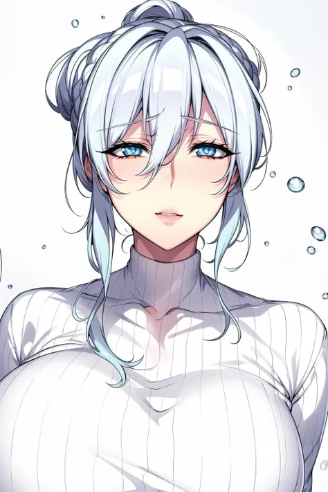 Simple White Background,
collarbone,White_ribbed_sweater,Blue_skirt,Blue_jacket, pantyhose, (Upper_Body),
<lora:Yukino_punopupupu-V1:0.7>,
blue_eyes,silver_hair,hair_between_eyes,hair_bun,
<lora:Mariana_Luciano_NON_VIRGIN-KK77-V1:0.4>,<lora:more_details:0.2>,
1 girl, 20yo,Young female,Beautiful Finger,Beautiful long legs,Beautiful body,Beautiful Nose,Beautiful character design, perfect eyes, perfect face,expressive eyes,perfect balance,
looking at viewer,(Focus on her face),closed mouth, (innocent_big_eyes:1.0),Light_Smile,
official art,extremely detailed CG unity 8k wallpaper, perfect lighting,Colorful, Bright_Front_face_Lighting,shiny skin,
(masterpiece:1.0),(best_quality:1.0), ultra high res,4K,ultra-detailed,
photography, 8K, HDR, highres, absurdres:1.2, Kodak portra 400, film grain, blurry background, bokeh:1.2, lens flare, (vibrant_color:1.2),professional photograph,
(Beautiful,large_Breasts:1.4), (beautiful_face:1.5),(narrow_waist),