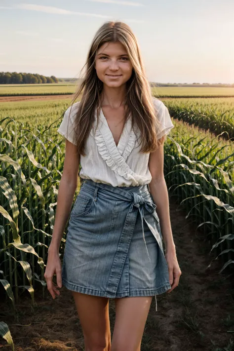 GinaGerson <lora:GinaGerson_v1.1:1> <lora:add_detail:0.8> smirk, smile, grin, by Chuck Close, 1girl, solo, rule of thirds, perfect compostion, detailed hair and face, detailed eyes, pupils perfect face, detailed nose, cheeks, (lips:1.2), ears, A flowy wrap skirt paired with a silky blouse. soft, pastel tones or classic neutrals, strappy sandals, small crossbody bag. Within the breathtaking expanse of a cornfield in Middle America, the photographer composes an upper body portrait of the model. The expressive gaze resonates with the rustic beauty of the surroundings, turning the scene into a captivating tableau for her allure. Dramatic folds and rich tonal contrasts unfold against the sea of cornstalks, accentuating the model s natural contours. The play of sunlight, filtering through the dense rows of crops and casting intricate patterns, imparts a warm radiance to the setting. Subtle textures and timeless elegance interweave, creating a visual masterpiece that seamlessly blends the model s modern style with the rural charm of the cornfield. In the serene simplicity of this natural setting, the photographer transforms sunlight into an art form. The model effortlessly integrates into the agricultural surroundings, each fold and highlight contributing to a composition that captures not only the visual but also the tactile essence of the moment. The vast expanse of cornstalks, swaying gently in the breeze, completes this captivating portrait in the heart of Middle America s agricultural beauty.