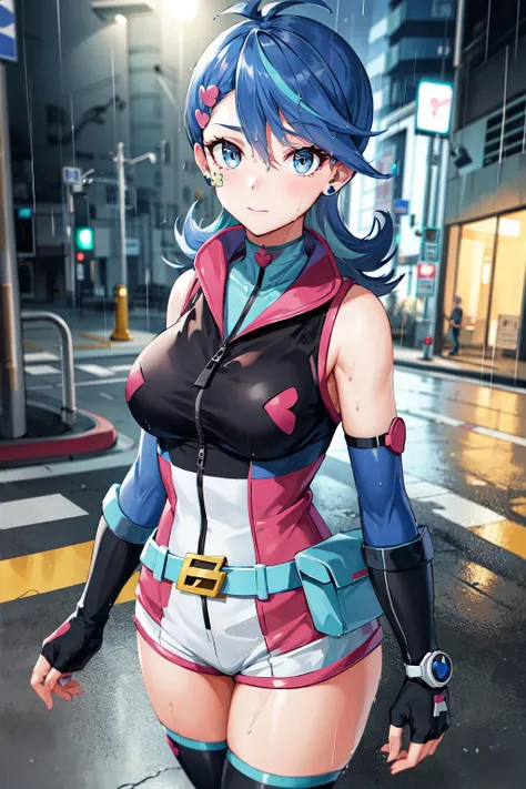 masterpiece, best quality, highres, hmbg, medium hair, multicolored hair, antenna hair, hair ornament, facial tattoo, heart earrings, sleeveless jacket, sleeveless, detached sleeves, fingerless gloves, belt, white shorts, <lora:blue_girl_v1:0.7>, (rain:1.2), (wet:1.2), standing, night, street, building,