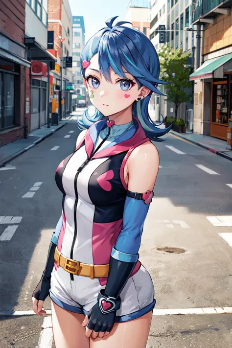 masterpiece, best quality, highres, hmbg, medium hair, multicolored hair, antenna hair, hair ornament, facial tattoo, heart earrings, sleeveless jacket, sleeveless, detached sleeves, fingerless gloves, belt, white shorts, <lora:blue_girl_v1:0.7>, outdoors, standing, cowboy shot, arms at sides,