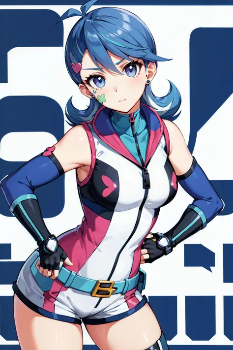 masterpiece, best quality, highres, hmbg, medium hair, multicolored hair, antenna hair, hair ornament, facial tattoo, heart earrings, sleeveless jacket, sleeveless, detached sleeves, fingerless gloves, belt, white shorts, <lora:blue_girl_v1:0.7>, hand on hip,