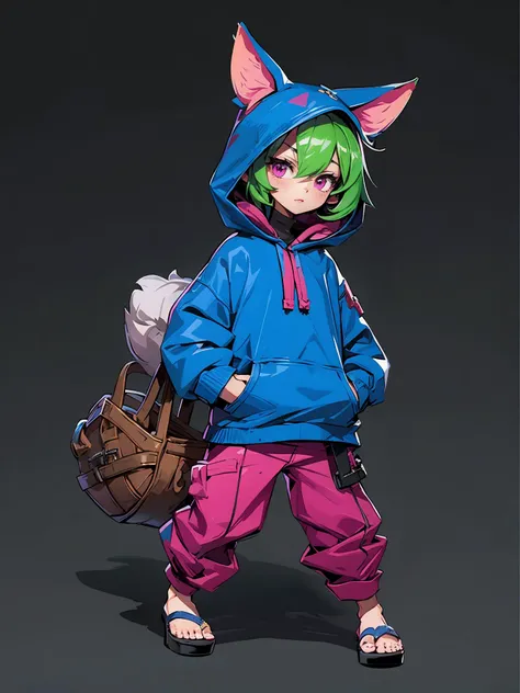 HEZI wa, yordle, 1girl, hood, green hair, hood up, pink pants, black background, ears through headwear, black hoodie, sleeves past wrists, hoodie, solo, closed mouth, bangs, short hair, sleeves past fingers, border, pants, standing, animal ears, simple background, sandals, long sleeves, full body, toeless footwear, white border, white background, pink eyes, looking at viewer, very long sleeves, purple eyes, artist name, toenails, baggy pants, hair between eyes, nail polish<lora:çå­ç³»åââæ¬§ç¾è§è²è®¾è®¡ç«ç»:0.7>,