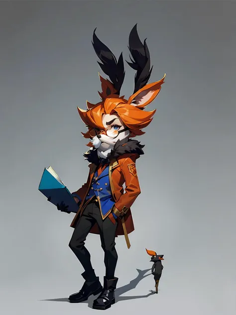 HEZI wa, grey background, 1boy, male focus, holding, furry male, solo, standing, simple background, gloves, pants, full body, long sleeves, blue eyes, furry, black pants, monocle, black footwear, facial hair, black gloves, beard, hand in pocket, glasses, bird, round eyewear, orange hair, hand up, jacket, magnifying glass, bangs, book, short hair, arm behind back, yordle, mustache, coat,<lora:çåç³»åââæ¬§ç¾è§è²è®¾è®¡ç«ç»:0.7>,