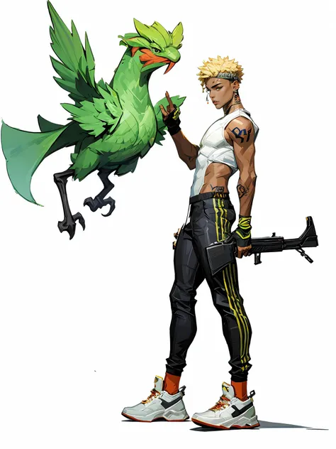 HEZI wa,weapon,holding gun,gun,holding weapon,holding,shoes,fingerless gloves,gloves,arm tattoo,tattoo,1boy,pants,white footwear,white background,from side,sneakers,male focus,bird,short hair,handgun,goggles,nose piercing,alternate costume,black gloves,dark skin,socks,solo,looking at viewer,blonde hair,piercing,earrings,brown pants,green eyes,jewelry,parted lips,animal on shoulder,simple background,dark-skinned male,official alternate costume,creature,sleeveless,1girl,animal,ear piercing,black pants,<lora:çåç³»åââæ¬§ç¾è§è²è®¾è®¡ç«ç»:0.85>,