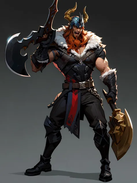 HEZI wa, horned helmet, solo, boots, horns, fake horns, holding, helmet, 1boy, weapon, long hair, male focus, muscular, standing, holding weapon, pelt, orange hair, beard, huge weapon, full body, facial hair, armor, black footwear, open mouth, axe, dual wielding, looking at viewer, grey background, simple background, fur trim, teeth, legs apart, muscular male, gradient background, holding axe, gradient, belt, black background, bell, fangs, fur-trimmed boots, brown hair,<lora:çå­ç³»åââæ¬§ç¾è§è²è®¾è®¡ç«ç»:0.7>,