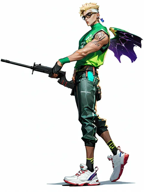 HEZI wa,weapon,holding gun,gun,holding weapon,holding,shoes,fingerless gloves,gloves,arm tattoo,tattoo,1boy,pants,white footwear,white background,from side,sneakers,male focus,bird,short hair,handgun,goggles,nose piercing,alternate costume,black gloves,dark skin,socks,solo,looking at viewer,blonde hair,piercing,earrings,brown pants,green eyes,jewelry,parted lips,animal on shoulder,simple background,dark-skinned male,official alternate costume,creature,sleeveless,1girl,animal,ear piercing,black pants,<lora:çå­ç³»åââæ¬§ç¾è§è²è®¾è®¡ç«ç»:0.85>,