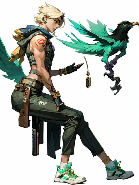 HEZI wa,weapon,holding gun,gun,holding weapon,holding,shoes,fingerless gloves,gloves,arm tattoo,tattoo,1boy,pants,white footwear,white background,from side,sneakers,male focus,bird,short hair,handgun,goggles,nose piercing,alternate costume,black gloves,dark skin,socks,solo,looking at viewer,blonde hair,piercing,earrings,brown pants,green eyes,jewelry,parted lips,animal on shoulder,simple background,dark-skinned male,official alternate costume,creature,sleeveless,1girl,animal,ear piercing,black pants,<lora:çåç³»åââæ¬§ç¾è§è²è®¾è®¡ç«ç»:0.85>,