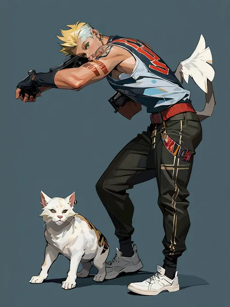 HEZI wa,weapon,holding gun,gun,holding weapon,holding,shoes,fingerless gloves,gloves,arm tattoo,tattoo,1boy,pants,white footwear,white background,from side,sneakers,male focus,bird,short hair,handgun,goggles,nose piercing,alternate costume,black gloves,dark skin,socks,solo,looking at viewer,blonde hair,piercing,earrings,brown pants,green eyes,jewelry,parted lips,animal on shoulder,simple background,dark-skinned male,official alternate costume,creature,sleeveless,1girl,animal,ear piercing,black pants,<lora:çåç³»åââæ¬§ç¾è§è²è®¾è®¡ç«ç»:0.85>,
