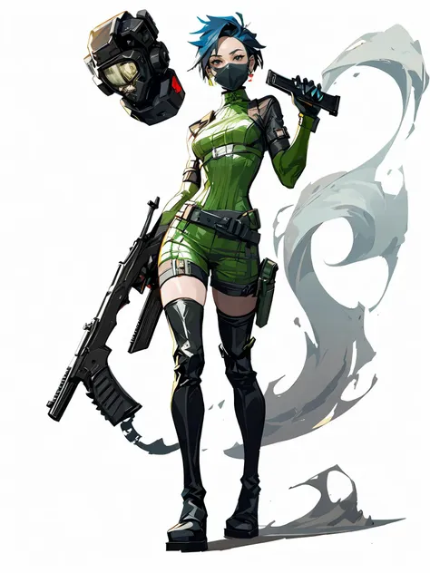 HEZI wa, 1girl, gun, weapon, thigh boots, holding, boots, holding gun, solo, holding weapon, mask, thighhighs, green bodysuit, black hair, bodysuit, medium breasts, white background, gloves, short hair, breasts, open hand, handgun, mouth mask, walking, belt, black footwear, black gloves, black eyes, full body, blue hair, smoke, looking at viewer, looking to the side, skin tight, animification, revolver, elbow gloves, standing<lora:çå­ç³»åââæ¬§ç¾è§è²è®¾è®¡ç«ç»:0.85>,