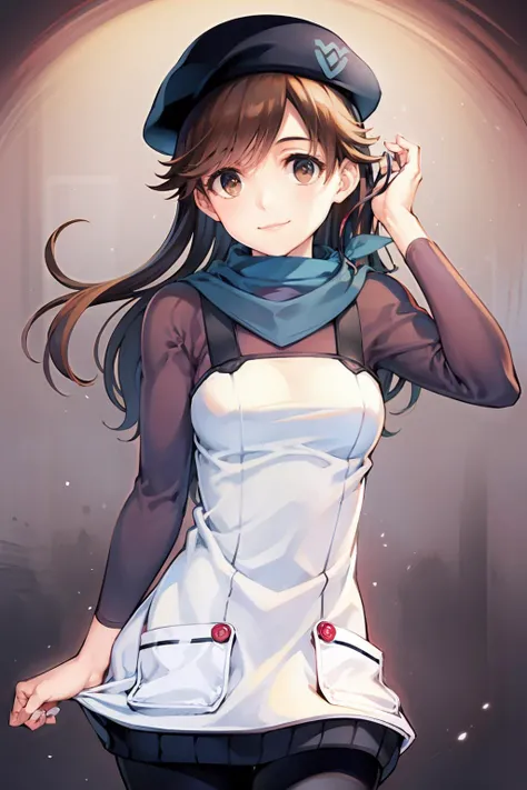 masterpiece, best quality, <lora:suzuhara:1>, 1girl, solo, hat, brown hair, long hair, brown eyes, beret, smile,leggings, scarf, uniform, hand on headwear