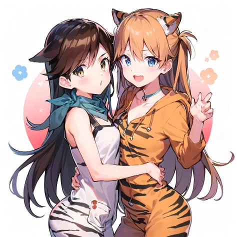 (2gilrs:1.3),anime screencap,(((masterpiece, best quality, high quality))),
AND <lora:suzuhara:1>,2girls,tiger onesie, beautiful illustration,masterpiece,best quality,hood,(tiger pattern print:1.2),brown eyes
AND souryuu asuka langley, 2gilrs,orange hair,blue eyes,small breasts,long hair,tiger onesie, beautiful illustration,masterpiece,best quality,hood,(tiger pattern print:1.2),