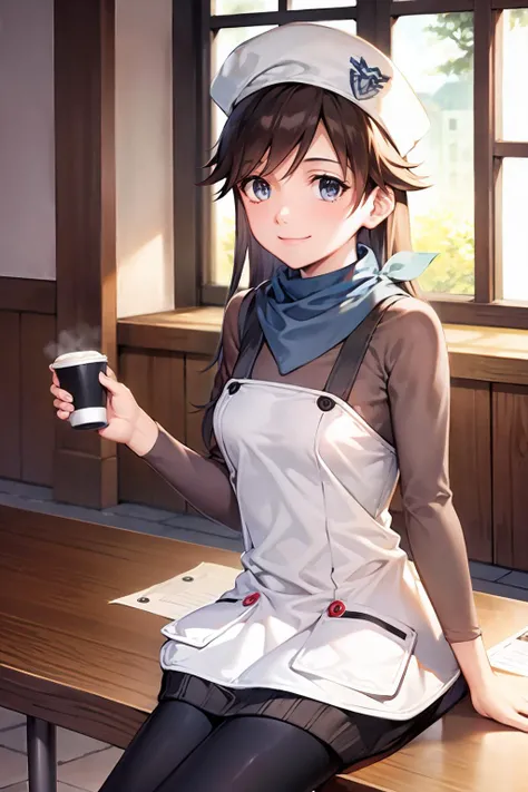 masterpiece, best quality, <lora:suzuhara:1>,indoors,day,table,coffee,smile,1girl, solo, scarf,long hair, brown hair,hat,uniform,pantyhose,