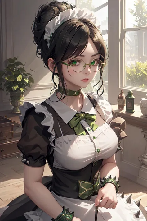 highres, sharp focus, pixiv masterpiece, ((intricate details)), highly detailed, yuri alpha, 1girl, black hair, (green wristband, green gauntlets, spikes,:1.1) glasses, green eyes, maid, single hair bun, dress, choker, bowtie, maid apron, <lora:Yuri Alpha v1_1:0.7>