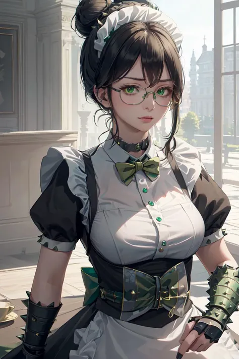 highres, sharp focus, pixiv masterpiece, ((intricate details)), highly detailed, upper body, standing, yuri alpha, 1girl, black hair, (blue bowtie:1.3), (green wristband, green gauntlets, spikes:1.1), glasses, green eyes, maid, single hair bun, dress, choker, maid apron, outdoors <lora:Yuri Alpha v1_1:0.7>