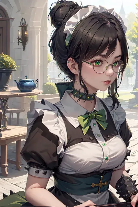 highres, sharp focus, pixiv masterpiece, ((intricate details)), highly detailed, upper body, standing, yuri alpha, 1girl, black hair, (blue bowtie:1.3), (green wristband, green gauntlets, spikes:1.1), glasses, green eyes, maid, single hair bun, dress, choker, maid apron, outdoors <lora:Yuri Alpha v1_1:0.7>