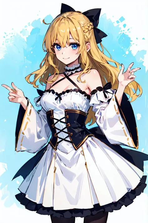 <lora:ringo78:1> ringo78, takanashi ringo, shiny skin,
sketch, ultra detailed, masterpiece, best quality, solo, cowboy shot, facing viewer, soft smile, light smile,
1girl, blue eyes, very long hair, blonde hair, long blonde hair, french braid, bangs, medium breasts,
hair ribbon, frilled choker, criss-cross halter, sleeveless dress, high-waist skirt, backless dress, waist bow, detached sleeves, frilled sleeves, wide sleeves, pantyhose, patterned legwear, mary janes, moe moe kyun!, hands up,