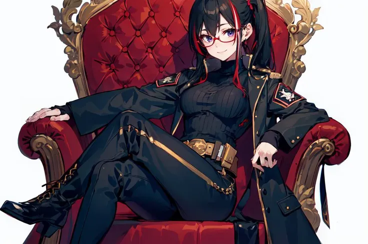 <lora:ringo78:1> ringo78, takanashi ringo, shiny skin, cute, kawaii,
sketch, ultra detailed, masterpiece, best quality, solo, sitting, crossed legs, throne room, red banner, 
smug smile,
1girl, purple eyes, red-framed eyewear, (black hair, red colored tips:1.2), red streaked hair, very long hair, side ponytail, tied hair, medium breasts,
coat on shoulders, red dress, sleeves rolled up, fingerless gloves, holster, belt, multiple belts, combat boots, bulletproof vest, pants, black coat, tactical clothes,