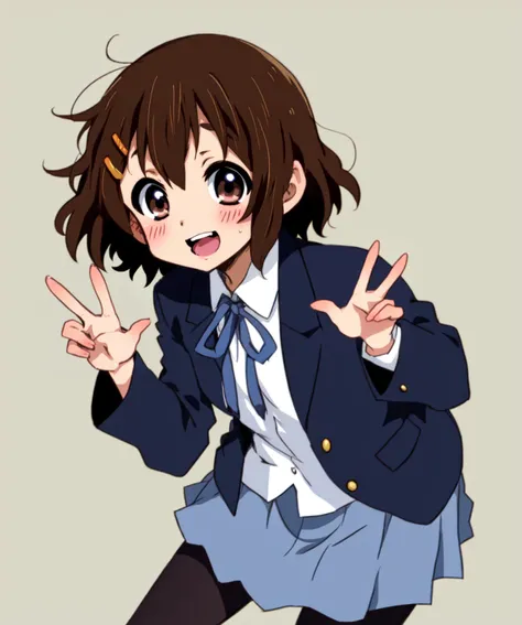 (best quality ringo78 sketch), hirasawa yui, 1girl, k-on!, short hair, messy hair, long sleeves (dark blue blazer:1.1), (blue ribbon:1.1), skirt,
sakuragaoka high school uniform, blush, [open mouth|upper teeth], smile, brown eyes, (hairclip:0.7),
black pantyhose, brown hair, solo, simple background, (peace sign:0.9)
<lyco:ringo78-12:1.2>