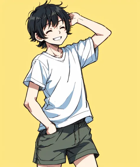 (best quality ringo78 sketch), 1boy, +++, notice lines, very short hair, hands in pockets, arm behind head, shorts, t-shirt, smile, 
closed eyes, cowboy shot, black hair, solo, [simple background|((yellow background))]
<lyco:ringo78-12:1>