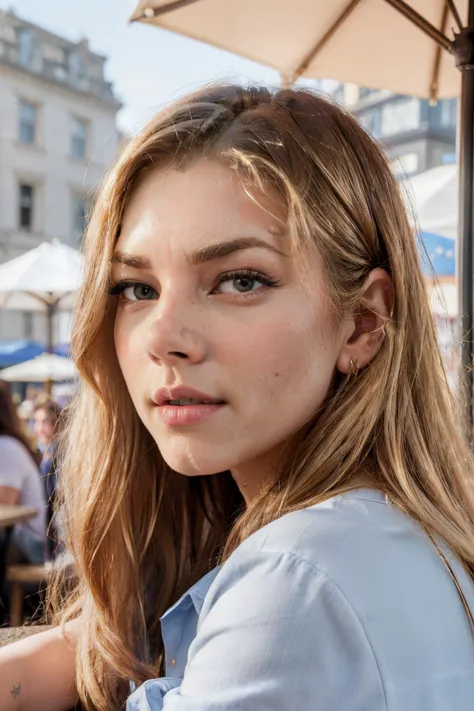 katherynWin1 piercing eyes, looking straight, very happy,long hair, wearing an blue shirt, closeup portrait, in a outdoor cafe in 2015, afternoon light