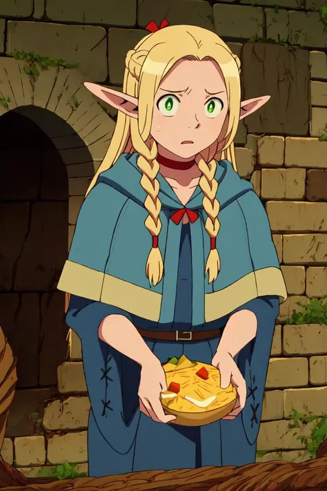 masterpiece,animation,highres,1girl,<lora:Marcille_Donato_DungeonMeshi_Screenshots:0.8>,Marcille_Donato_DungeonMeshi,1girl,solo,blonde hair,long hair,twin braids,elf,pointy ears,green eyes,red choker,holding_food,collapse,maze,fear,despise,