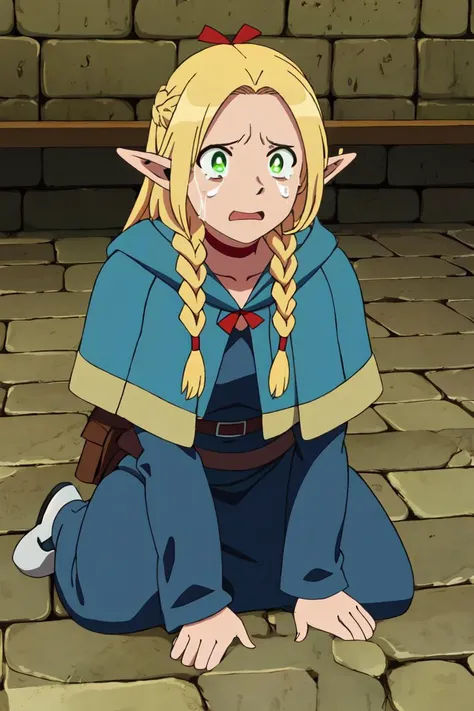 (Masterpiece), (Best Quality), (Detailed), (highres), karlach, milf, solo, wide hips, big breasts, thick thighs, perfect face, venus body, curvy, Marcille_Donato_DungeonMeshi, blonde hair, long hair, twin braids, elf, pointy ears, green eyes, red choker, blue capelet, wide breasts, cleavage, kneeling, breasts focus,