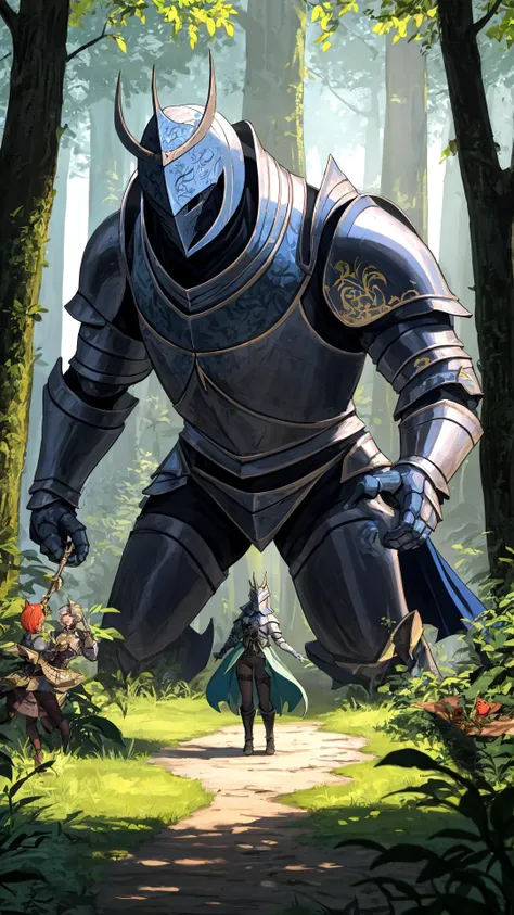 Creature vs. knight in enchanted forest.