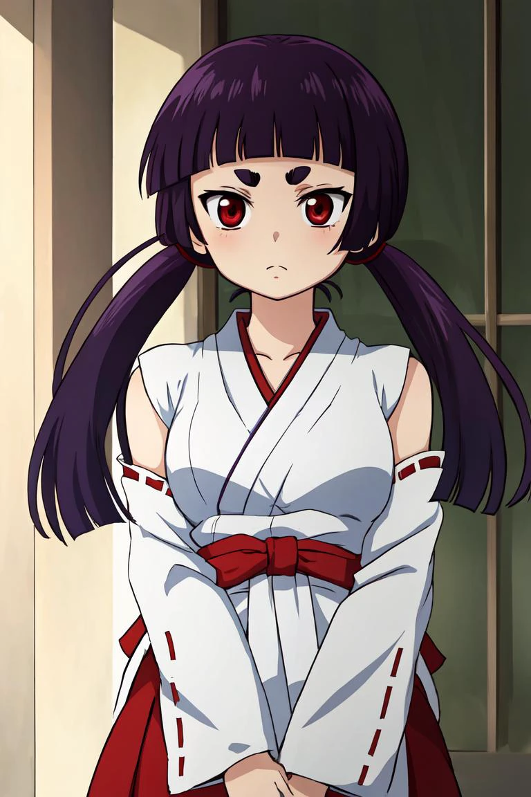 masterpiece,animation,highres,1girl,<lora:kamiki_izumo_v1:0.8>,1girl,solo,long hair,purple hair,low twintails,blunt bangs,thick eyebrows,short eyebrows,red eyes,miko,gohei,:),