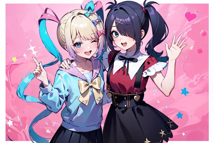 masterpiece,best quality,highres,White background,(2girl:1.2),<lora:ame-kangel-ngo-v1:1>,
AND masterpiece,best quality,highres,kangel,grin,one eye closed,looking at viewer,heart,
AND masterpiece,best quality,highres,amechan,hair over one eye,black socks,smile,open mouth,