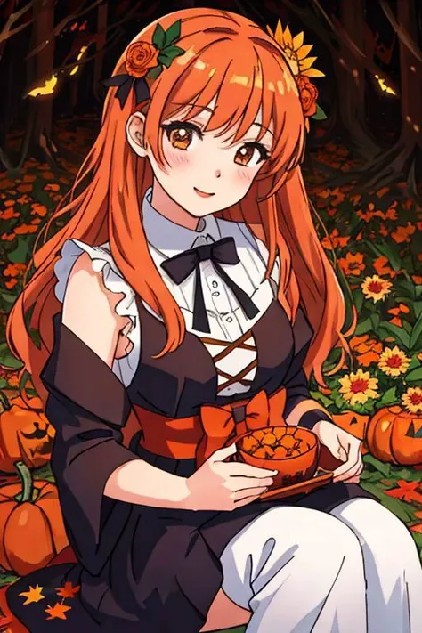masterpiece, best quality, 1girl, autumn themed, autumn vibes, flowers, Halloween materials, anime, 16K, HDR,