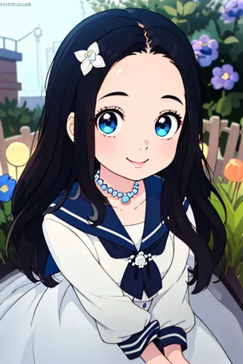 high quality, detailed face, anime, best quality, masterpiece, 4k, 8k, absurd resolution, cinematic lights, intricate detail, detailed hands, detailed eyes, animation, illustration, highly detailed, highres, extremely detailed, detailed background, perfect eyes, perfect face, ((black hair), (hairless forehead:1.3), <lora:neg4all_bdsqlsz_V3.5:0.6>, <lora:a_line_hairstyle:0.4> a_line_haircut, a line haircut, (long hair:1.3)), looking at viewer, high definition, sharp focus, mature female, 1girl, medium breasts, BodyPositive, prettify, hotify, animification, gentle smile, <lora:neg_bdsqlsz_V2:1>, pureerosface_v1, <lora:middle_parting_hairstyle:0.4> middle_parting_hairstyle, (middle parting hairstyle:1.4), <lora:SailorDress:1> saidr, sailor dress, woman wearing saidr, sweet smile, waist up portrait, dangling blue flowers and pearls, long lashes, in a fancy garden, very detailed clothes, <lora:1652080898649055278:0.5> 3153PPgirl,