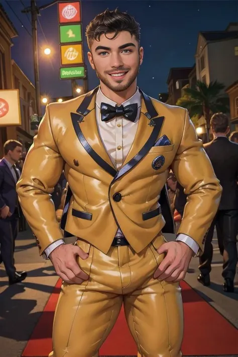 b0ndage, Disney, animation, masterpiece, detailed face, expressive eyes, Daniel Montoya (danielmontoya person) posing on the red carpet wearing tuxedo, bondage outfit, leather pants, smiling, happy, friendly,
posing for photographers, evening, movie premiere, looking at viewer, face focus, portrait,
<lora:danielmontoya_31050:0.9>, <lora:Clothing - Gay Bondage Outfit:0.8>,