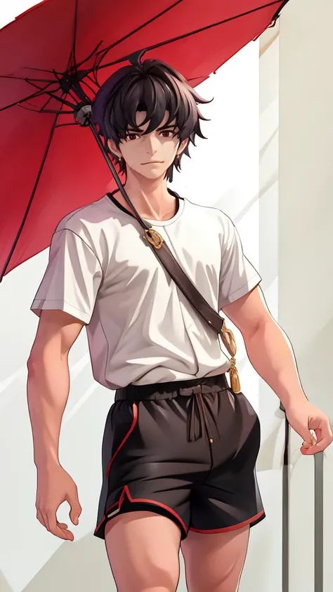 1boy,ganning,white shirt,masterpiece,best quality,highres,looking_at_viewer,rim light,incredibly absurdres,macro_shot,,<lora:ganning2:0.9>,shorts,<lora:blindbox_V1Mix:1>,blindbox,