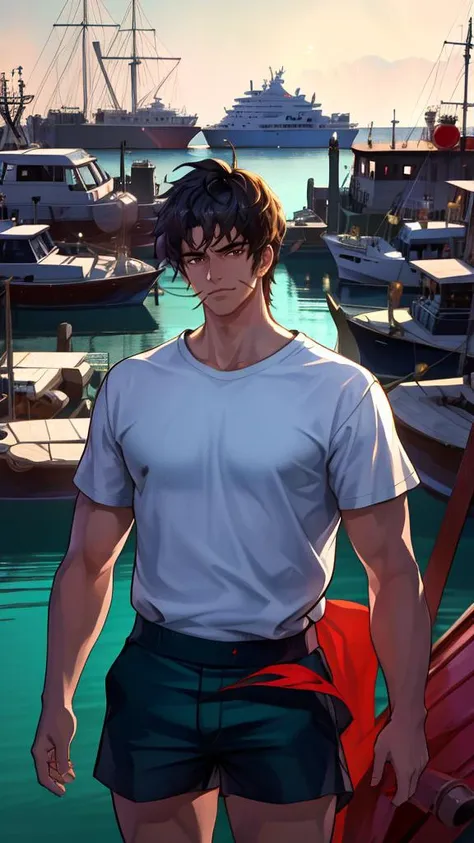 1boy,ganning,white shirt,masterpiece,best quality,highres,looking_at_viewer,rim light,incredibly absurdres,macro_shot,,harbor,<lora:ganning2:0.9>,shorts,<lora:honkail_1.0:0.9>,