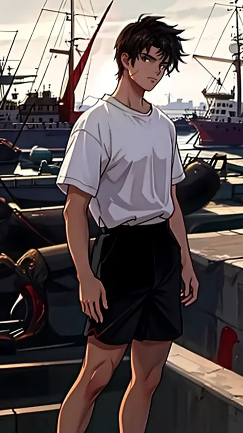 1boy,ganning,white shirt,masterpiece,best quality,highres,looking_at_viewer,rim light,incredibly absurdres,macro_shot,,harbor,<lora:ganning2:0.9>,shorts,<lora:90sv1.2R:0.7>,