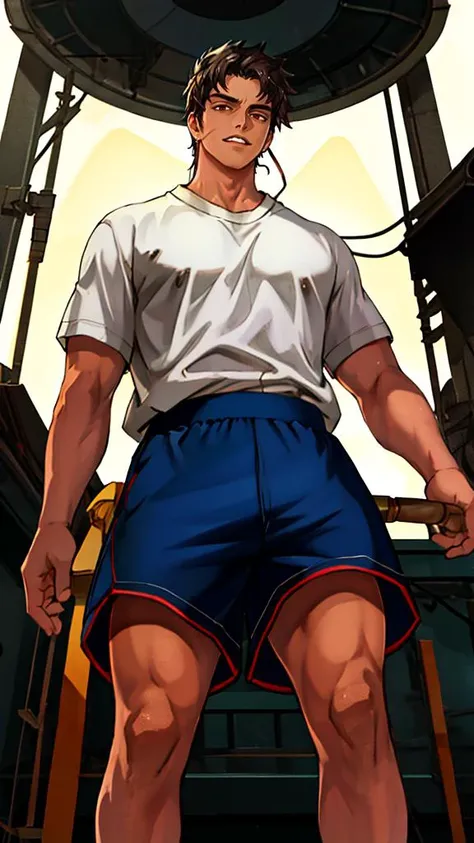 1boy,ganning,white shirt,masterpiece,best quality,highres,looking_at_viewer,rim light,incredibly absurdres,macro_shot,,<lora:ganning2:0.9>,shorts,<lora:tec-v5-000006:0.7>,