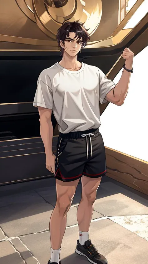 1boy,ganning,white shirt,masterpiece,best quality,highres,looking_at_viewer,rim light,incredibly absurdres,macro_shot,,<lora:ganning2:0.9>,shorts,<lora:finch:0.5>,
