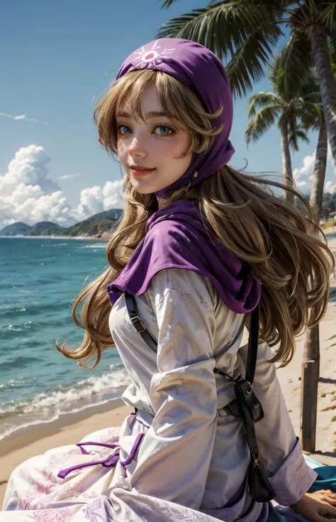 8k,masterpiece,highres,realistic,nature_light,detailed skin,beautiul face,official art,unity 8k wallpaper,ultra detailed,beautiful and aesthetic,best quality,intricate details,wind:1.3,floating_hair:1.2,
dqPom,blonde hair,robe,looking at viewer,smile,nature light,walking on the beach,sunshine,blue sky,full_body,purple hood,
<lora:more_details:0.5>,<lora:epiCRealismHelper:1>,<lora:moonbrooke-nvwls-v1:1>,<lora:add_sharpness:0.5>,