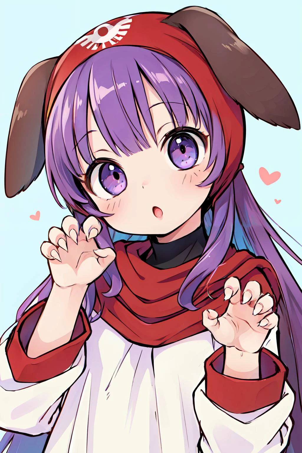<lora:moonbrooke-nvwls-v1:0.8> dqPOM, red hood, purple hair, robe,
(8k, masterpiece, best quality, high resolution),
cute face, kawaii, cute, very big eyes, Aesthetic Anime Eyes, small face,
dog ears,
(claw pose),
:o, confused,
looking at viewer,
1girl, solo,