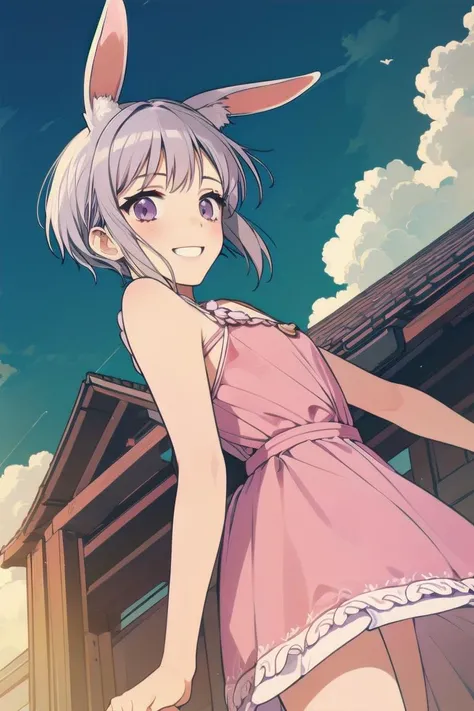 (masterpiece),(intricate details),1girl,cute girl, (purple eyes:1.2), Textured pixie cut, silver hair,flat chest
BREAK
strawberry rabbit, 1girl, happy smile, rabbit ears, pink kawaii dress, looking at viewer,
BREAK
outdoor, sunset,windy,(cumulonimbus),(from below:1.4)
