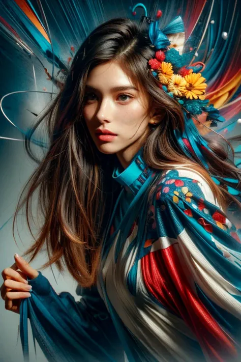 (best quality, masterpiece, Persian Miniature), ultra high res, professional, absurdres, ultra detailed, extremely detailed, intricately detailed, HDR, UHD, 4K, 8K, 64K, 
1girl, Gratified, extremely delicate and beautiful face, perfect eyes, look at viewer, intricately detailed long hair, (multicolored hair:1.2), wind effect, Effulgent, elegance, stylish, fashionable, pale skin, perfect anatomy, At the peak of a mountain, the serenity overwhelms her as she takes in the panoramic view., wearing contemporary design dress designed by Virgil Abloh and Walt Kelly,  
intricately detailed Zentangle and Ink Splatter design background, scenery, splash, Geometric patterns, Ray Tracing, Reflected Light, Cats Eye Nebula, Turquoise, (Substantial Cobalt Teal Spreading Cylindrical plant,      Aerial root , Gerbera:1.2), inspired by  Iain Faulkner and Gillian Condy and Kitagawa Utamaro, abstract, artistic, xs-abstract, <lora:XS-impression:1>, [(details:1.2): [ (many small details:1.3) : [ (many ultrasmall details: 1.2):(very detailed ultrasmall edges and microrelief:1.5):0.7 ]: 0.4 ] :0.2], 
face focus, (close up:1.2), dynamic angle, Crane Shot, LUT-adjusted vintage cinematic colors and textures, cinematic mood, film grain, taken by Cindy Sherman and Barbara Kruger, <lora:FilmVelvia3:0.2>, <lora:LowRA:0.3>, <lora:add_detail:1.0>,