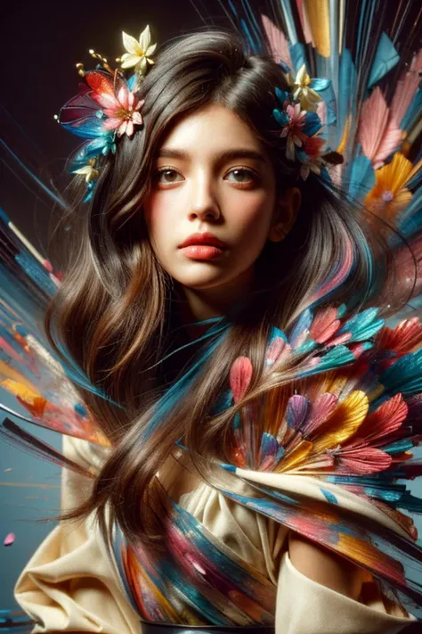 (best quality, masterpiece, Futurism), ultra high res, professional, absurdres, ultra detailed, extremely detailed, intricately detailed, HDR, UHD, 4K, 8K, 64K, 
1girl, Beaming, extremely delicate and beautiful face, perfect eyes, look at viewer, intricately detailed long hair, (split-color hair:1.2), wind effect, Beaming, elegance, stylish, fashionable, pale skin, perfect anatomy, On an isolated mountain peak, her solitude was broken only by her harmonious singing., wearing contemporary design dress designed by Jil Sander and Chris Ofili,  
intricately detailed Zentangle and Ink Splatter design background, scenery, splash, Geometric patterns, Ray Tracing, Reflected Light, Soap Bubble Nebula, Jade, (Medium-sized Quinacridone Gold Rhizome-forming Fan-shaped plant,  Circular plants/leaf leaf, plants/leaf-Venation, Basal, plants/leaf-Margin, IceBlue Cyme plants/flower flower, properties/shape/petal, Lustrous Pepo fruit, Bumpy, Sepaloid, Distichous Phyllotaxy,  , Achillea:1.2), inspired by  Tim White and Olivia Marie Braida-Chiusano and Takato Yamamoto, abstract, artistic, xs-abstract, <lora:XS-impression:1>, [(details:1.2): [ (many small details:1.3) : [ (many ultrasmall details: 1.2):(very detailed ultrasmall edges and microrelief:1.5):0.7 ]: 0.4 ] :0.2], 
face focus, (close up:1.2), dynamic angle, Point-of-View Shot, LUT-adjusted vintage cinematic colors and textures, cinematic mood, film grain, taken by Robert Capa and Claude Monet, <lora:FilmVelvia3:0.2>, <lora:LowRA:0.3>, <lora:add_detail:1.0>,