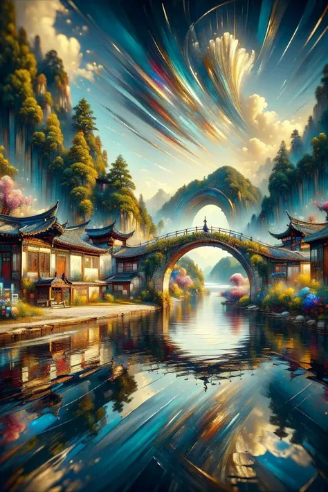 ((masterpiece)),((best quality)),8k,high detailed,ultra-detailed,intricate detail,xs-abstract, colorful, scenery, tree, architecture, bridge, sky, east asian architecture, outdoors, reflection, cloud, water, fantasy,<lora:XS-impression:1>,