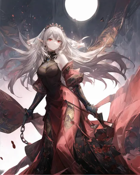 <lora:blazing_cartesia_the_virtuous:0.8>,1girl,solo,breasts,chest is covered with black silk,white hair,red dress,blazingcartesia,pale skin,hair ornaments,detached sleeves,bare shoulders,looking at viewer,veil,gauntlets,(decoration skirt:1.2),long hair,best quality,masterpiece,highres,<lora:add_detail:0.7>,red eyes,floating hair,very long hair,perfect face,expressionless,cowboy_shot,