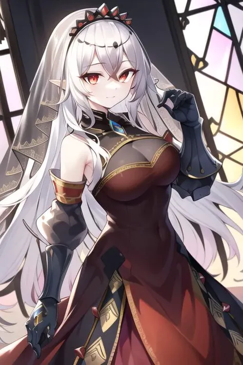 <lora:blazing_cartesia_the_virtuous-000006:0.8>blazingcartesia,pale skin, white hair, chest is covered with black silk,evil smile, Hair ornaments, gauntlets, red dress, detached sleeves, bare shoulders,black veil,standing, 1girl, long hair, standing,solo,stained glass, full body,masterpiece,solo,beautiful detailed eyes,finely detail,detailed face,vivid color,5 fingers,finely detailed,hyper detailed,detailed hand,8k,finely detailed beautiful eyes,high resolution illustration,best quality,