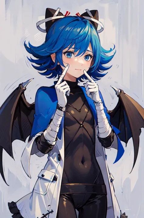 <lora:fingersmile_v1.6:1> fingersmile, finger to mouth, portrait, <lora:RtPL-Serene:0.8> serene_\(riviera\), blue_capelet, white_coat, black_bodysuit, black_headwear, bandages, short_hair,, ultra detailed, masterpiece, best quality, aesthetic, detailed,