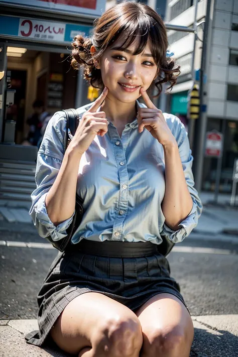 (realistic:1.3), finely detailed, quality, rembrandt lighting, (masterpiece:1.2), (photorealistic:1.2), (best quality), (detailed skin:1.3), (intricate details), dramatic, ray tracing, 1girl, japanese girl, 21 years old, detailed skin texture, (blush:0.5), (goosebumps:0.5), subsurface scattering, smiling, medium breasts, short hair curls, bangs, hair between eyes, shirt, skirt, (fingersmile, finger to mouth:1.4), portrait shot, (bright sunny day), <lora:fingersmile_v1.6:0.9>