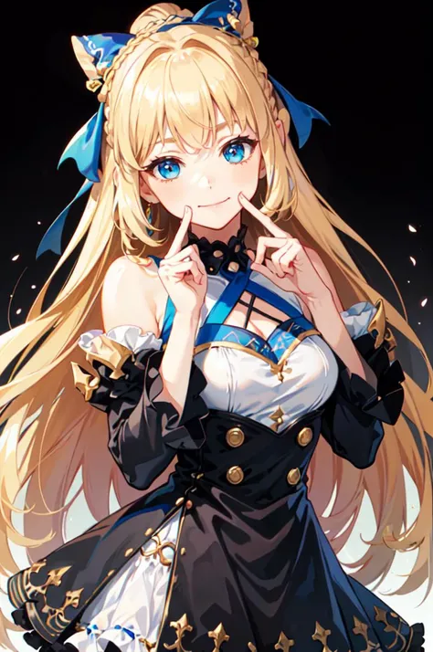 <lora:fingersmile_v1.6:0.85> fingersmile, finger to mouth, white and blue theme, portrait,, ultra detailed, masterpiece, best quality, aesthetic, detailed,, solo, soft smile, light smile,
1girl, blue eyes, very long hair, blonde hair, long blonde hair, french braid, bangs, medium breasts,, hair ribbon, frilled choker, criss-cross halter, sleeveless dress, high-waist skirt, backless dress, waist bow, detached sleeves, frilled sleeves, wide sleeves, pantyhose, patterned legwear, mary janes,